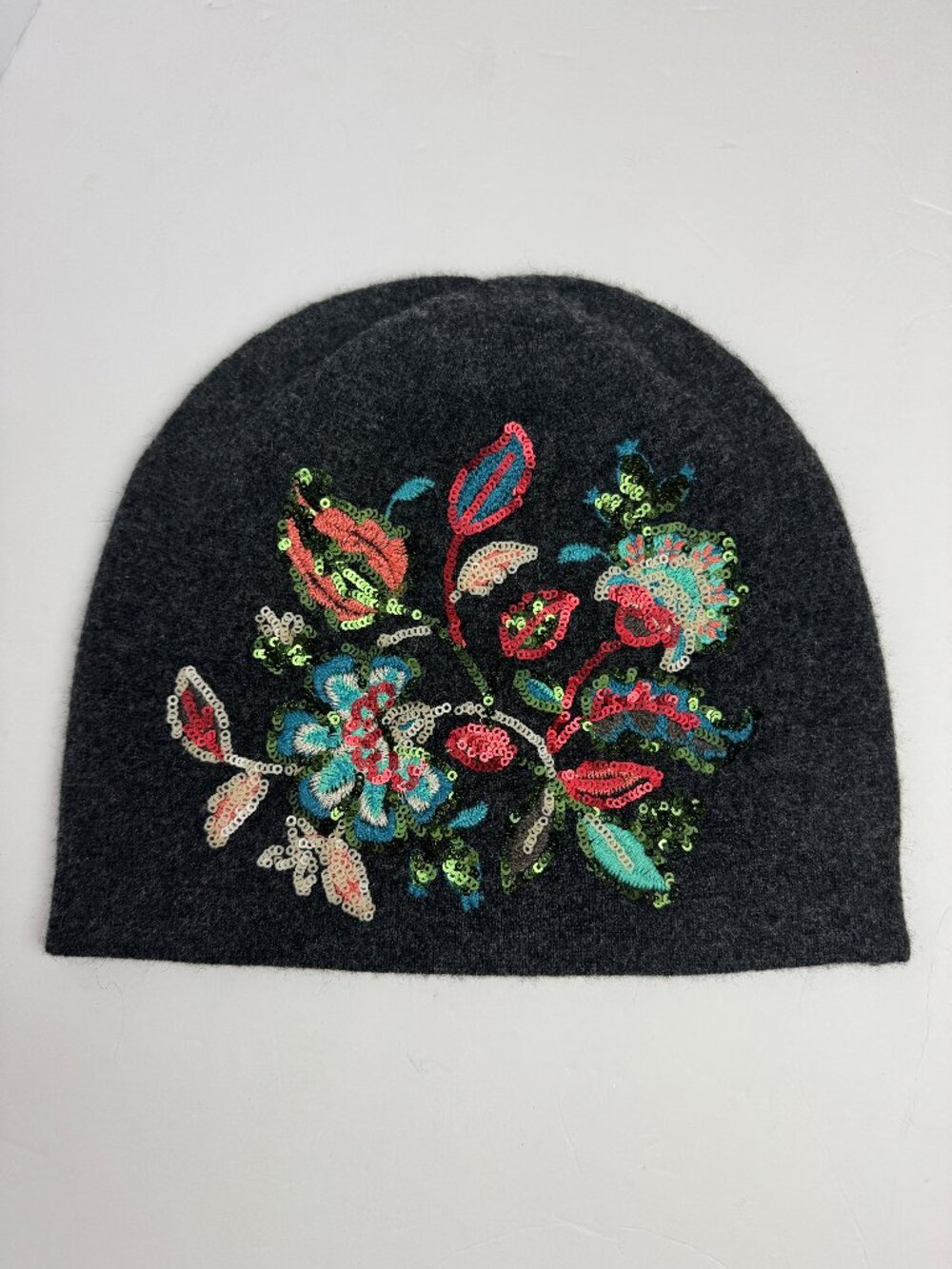 Johnny Was Wool & Cashmere Floral Embroidered Sequin Beanie Hat Sz OS New
